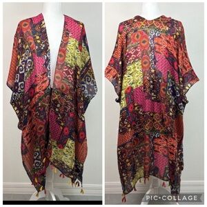Open front Kimono shawl with tassels. Aztec, Ikat, paisley patch print.